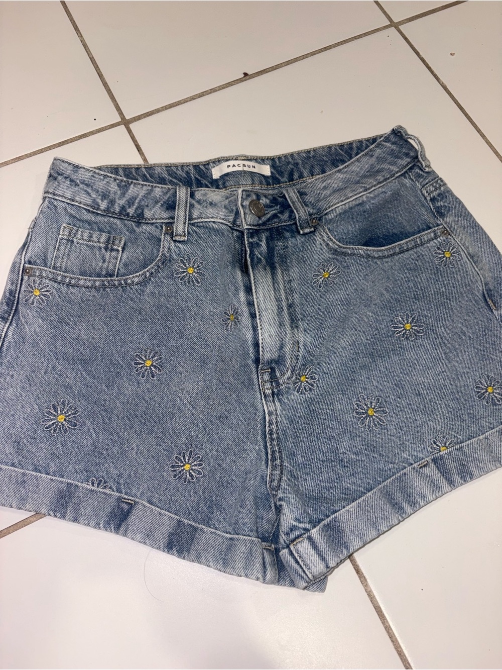 PacSun Blue Daisy Embroidered Denim Shorts - Women